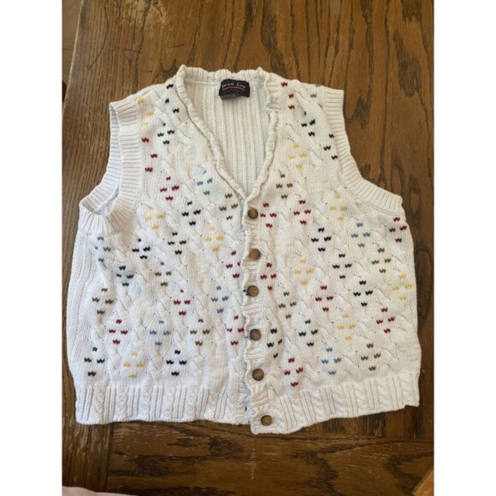Vintage Jessi Lee Women's Cable Knit Sweater Vest L White Multicolor Pattern 100
